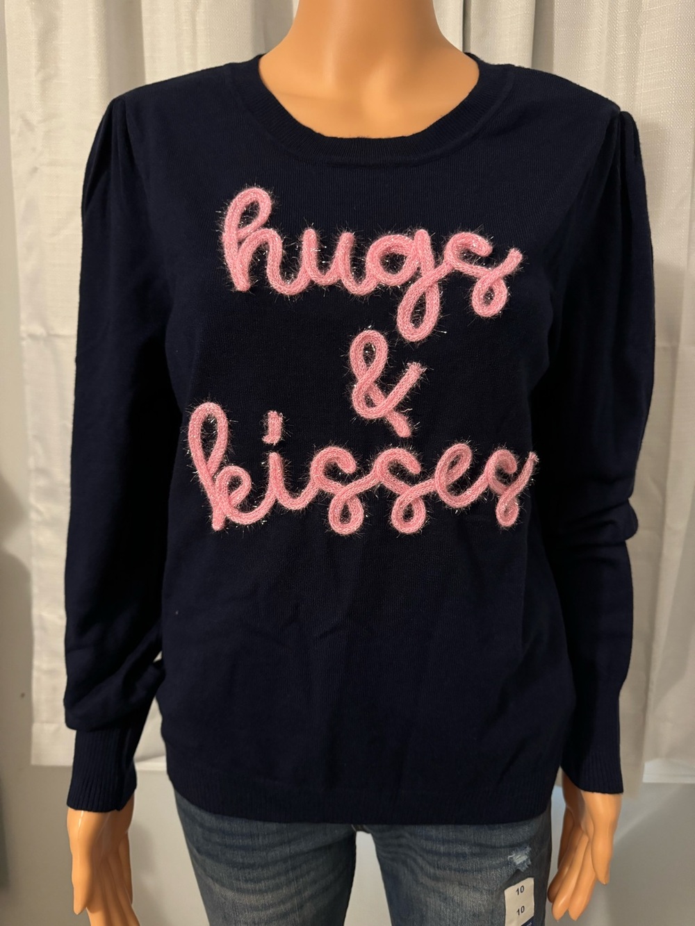 Cute Zac & Rachel size L navy blue embroidered pink hugs kisses sweater new